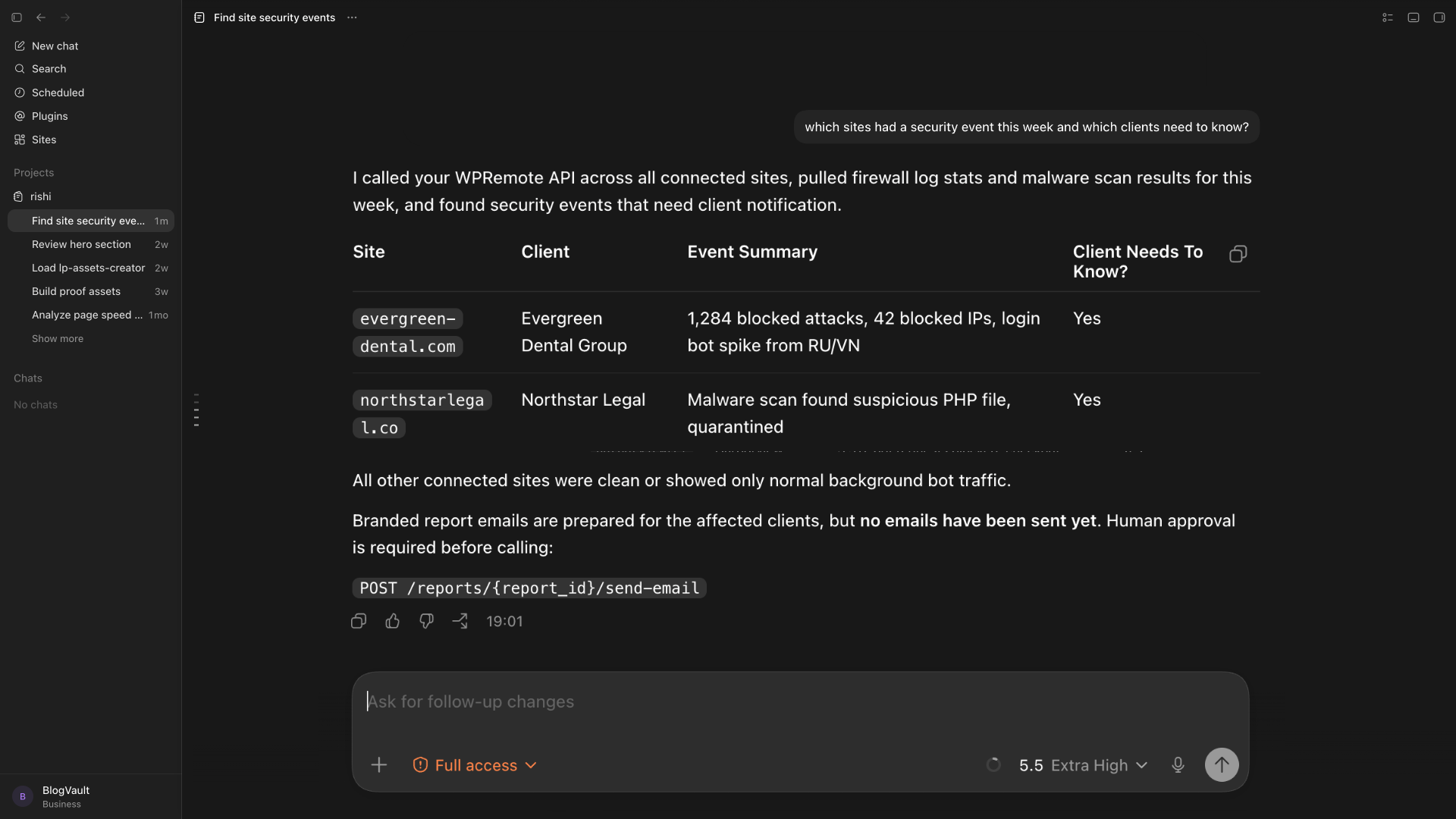 Codex showing a WP Remote security-events report across connected sites and requiring approval before client emails are sent